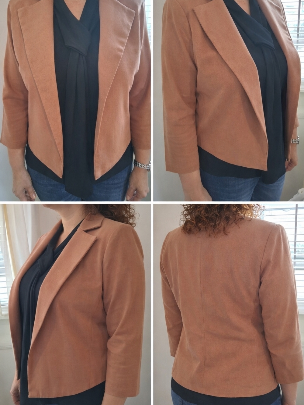 Women's Cropped Open-Front Blazer Jacket in Camel, crafted from linen fabric.